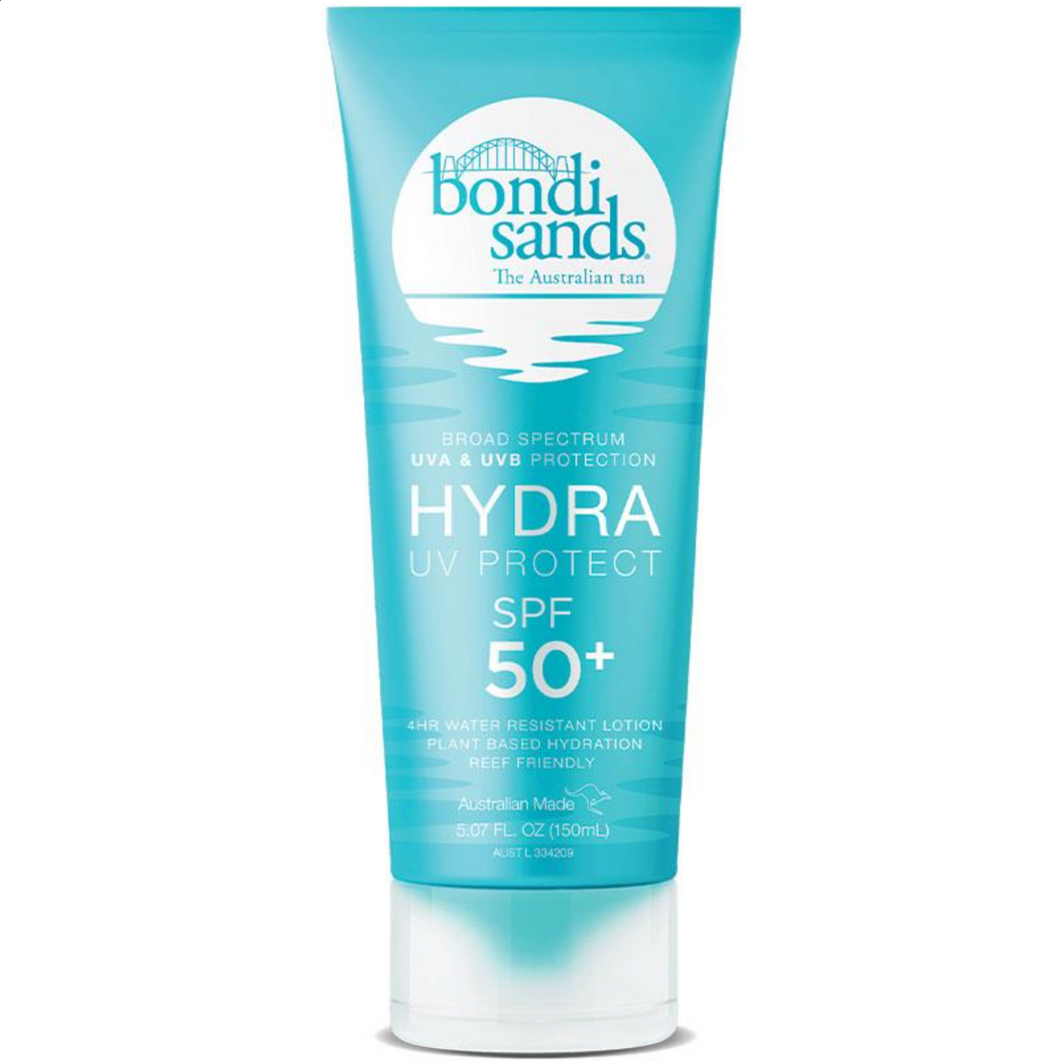Bondi Sands Hydra UV Protect SPF 50+ Lotion 150ml; broad-spectrum UVA and UVB protection; plant-based hydration; reef-friendly.